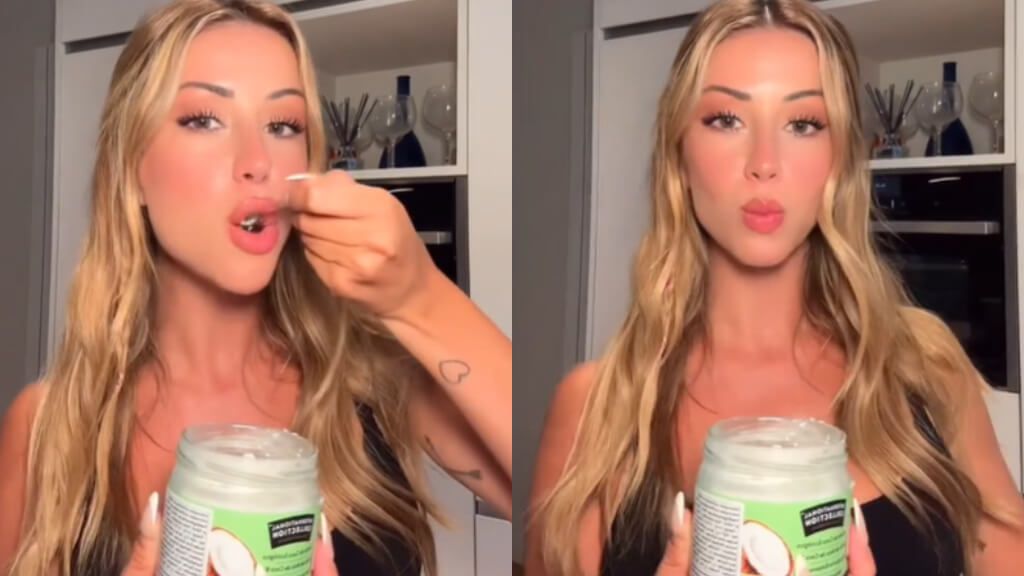  Fotomontaje de tiktoker haciendo el 'oil pulling' (Fotos: @claudiavalley)