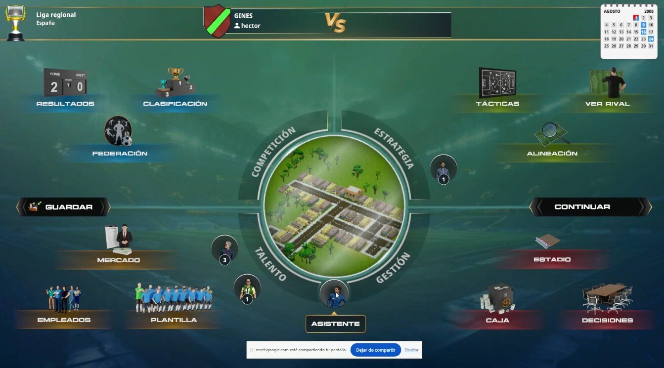  El menú principal de en una partida de PC Fútbol 8 tras lo visto en la rueda de prensa.