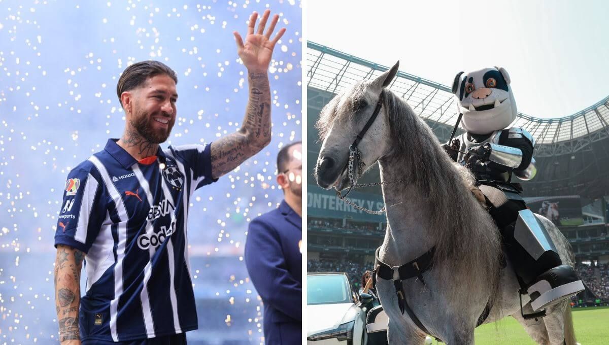  Sergio Ramos, presentado con el Rayados de Monterrey y la mascota a caballo.