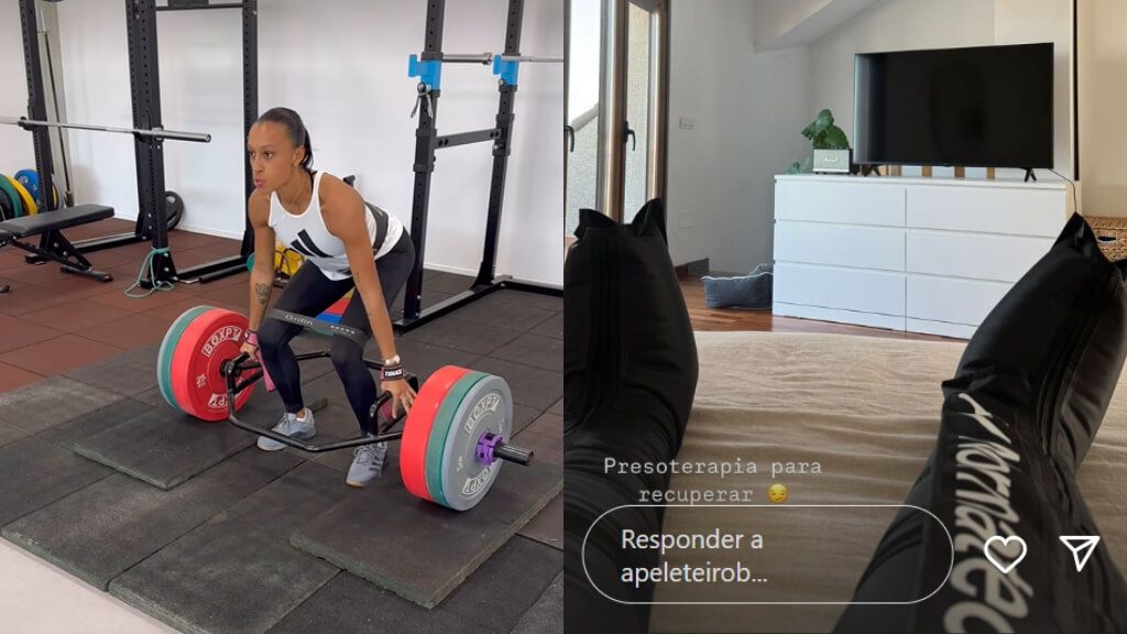  Ana Peleteiro entrenando (izquerda) y recuperándose con presoterapia (derecha)