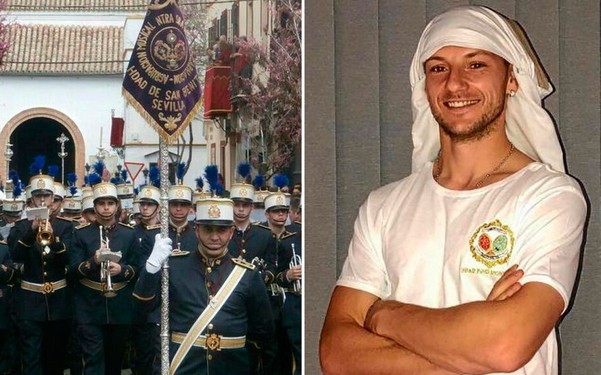  Montaje de Rakitic como costalero y la Agrupación Musical de la Encarnación.