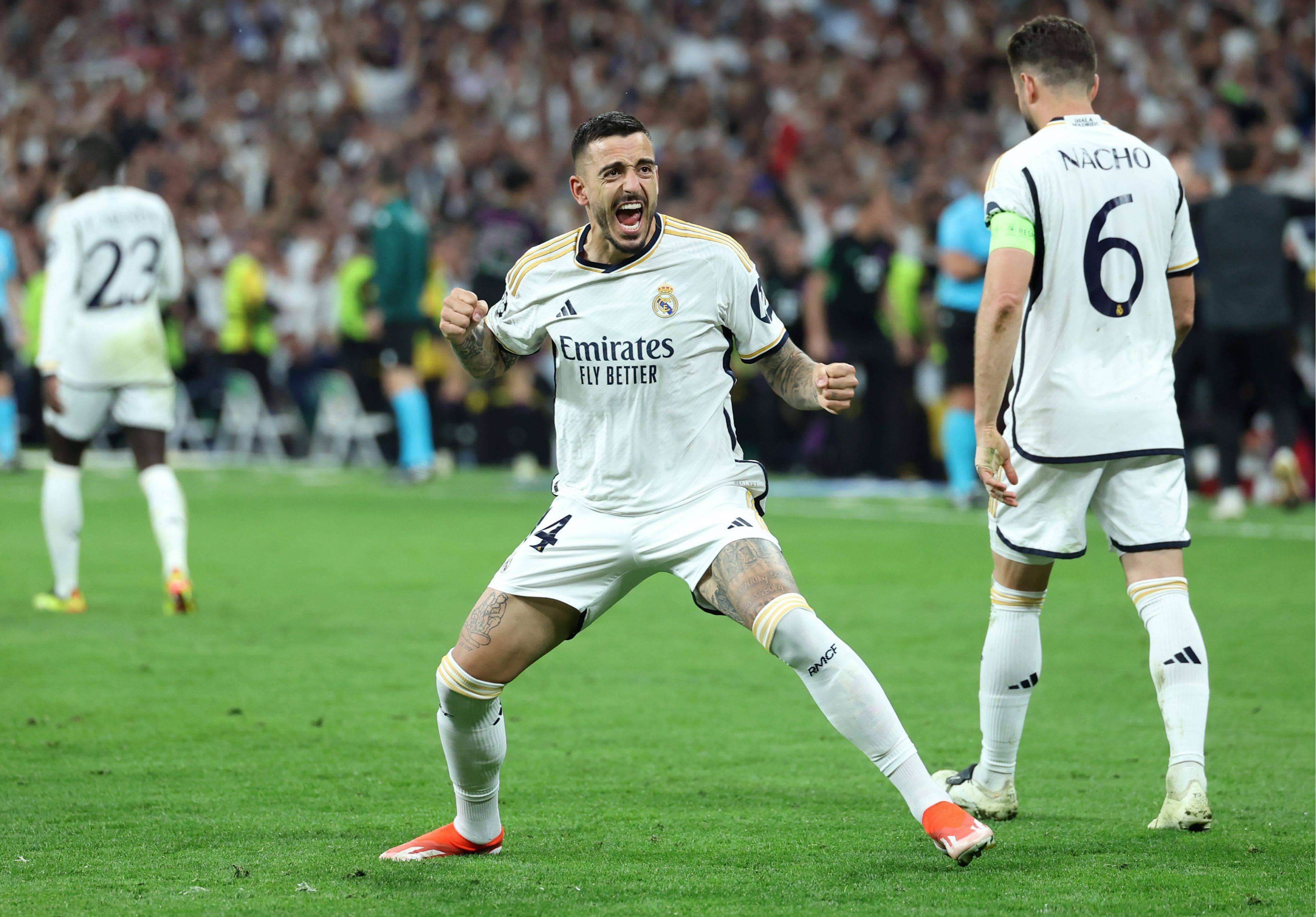  Joselu celebra uno de sus goles en el Real Madrid-Bayern.