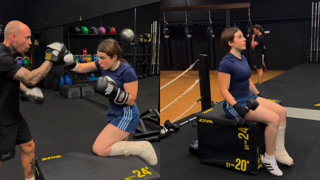  Roro entrenando en el gimnasio con la pierna escayolada