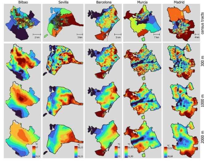  Distribución multiescalar de la temperatura (LST) en Barcelona, Bilbao, Madrid, Murcia y Sevilla (