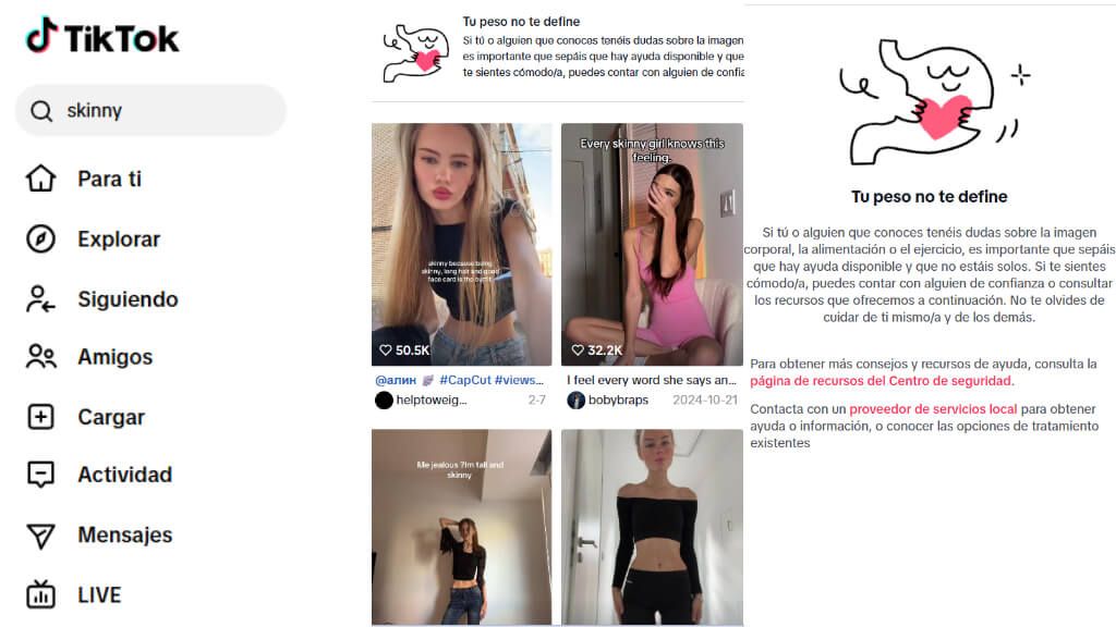 Pantalla que aparece al poner 'skinny' en TikTok