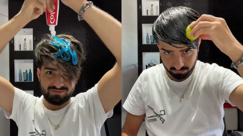  Usuario de TikTok haciendo el truco viral para hidratar el cabello con pasta de dientes y limón (Freepik: @colucci_hairstylist)