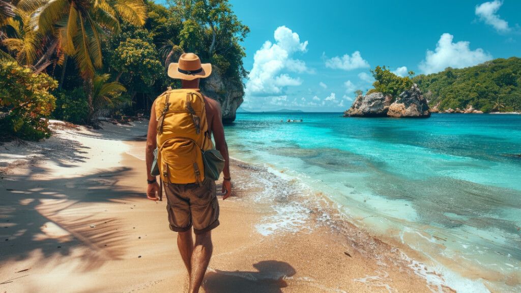  Hombre con un macuto de viaje en un país tropical