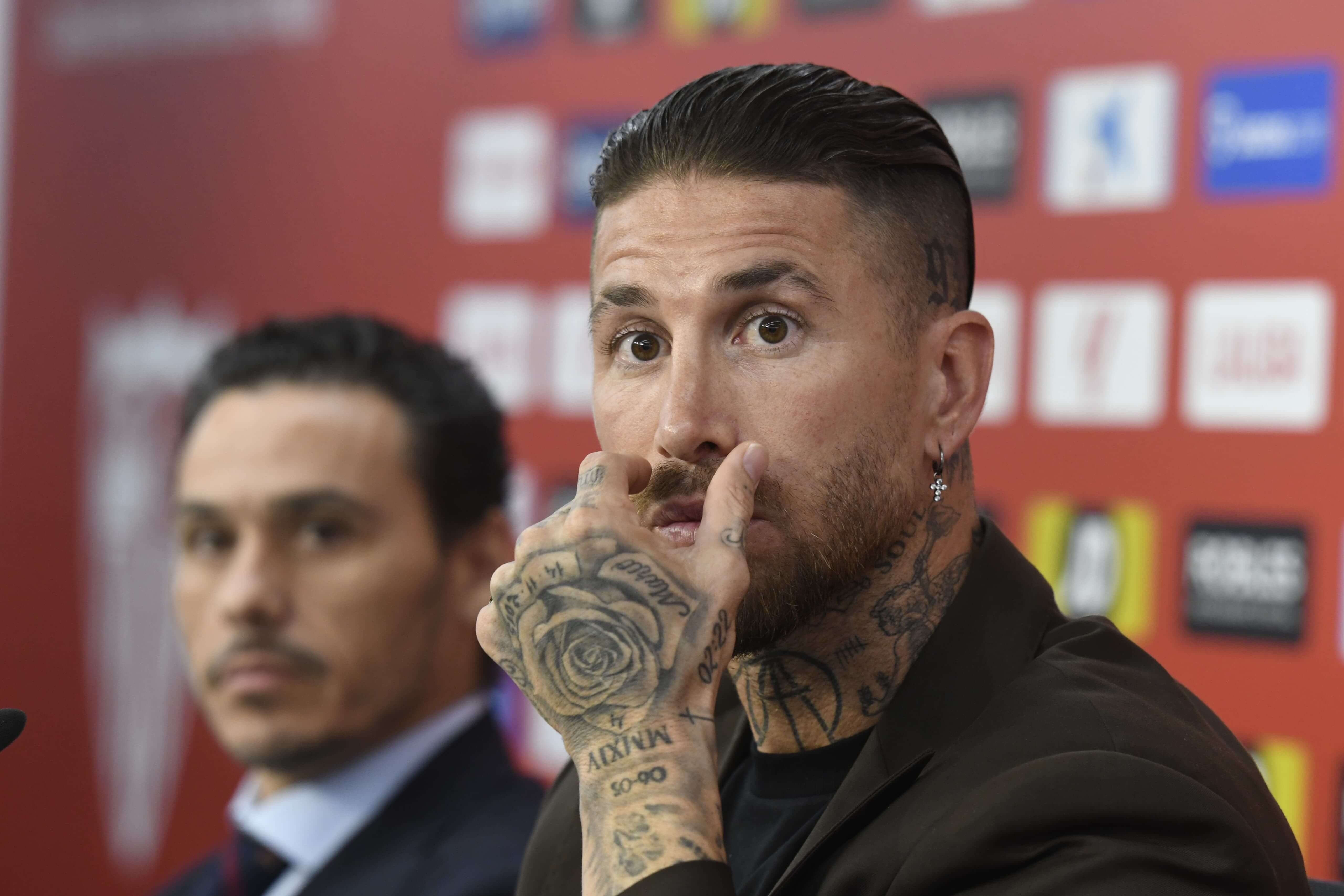  Sergio Ramos, durante su rueda de prensa de despedida del Sevilla.