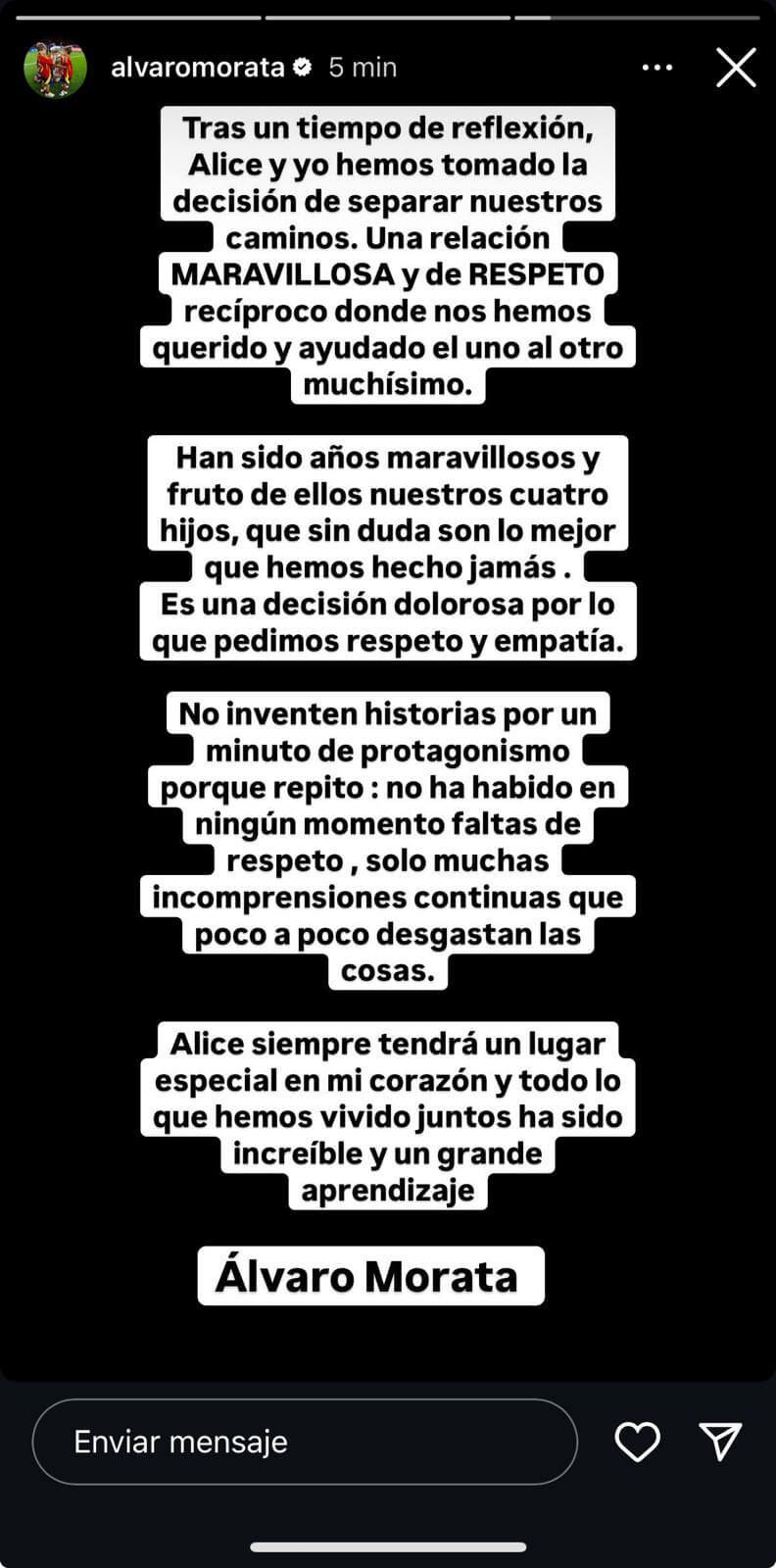  El comunicado de Álvaro Morata sobre su separación con Alice Campello (@alvaromorata)