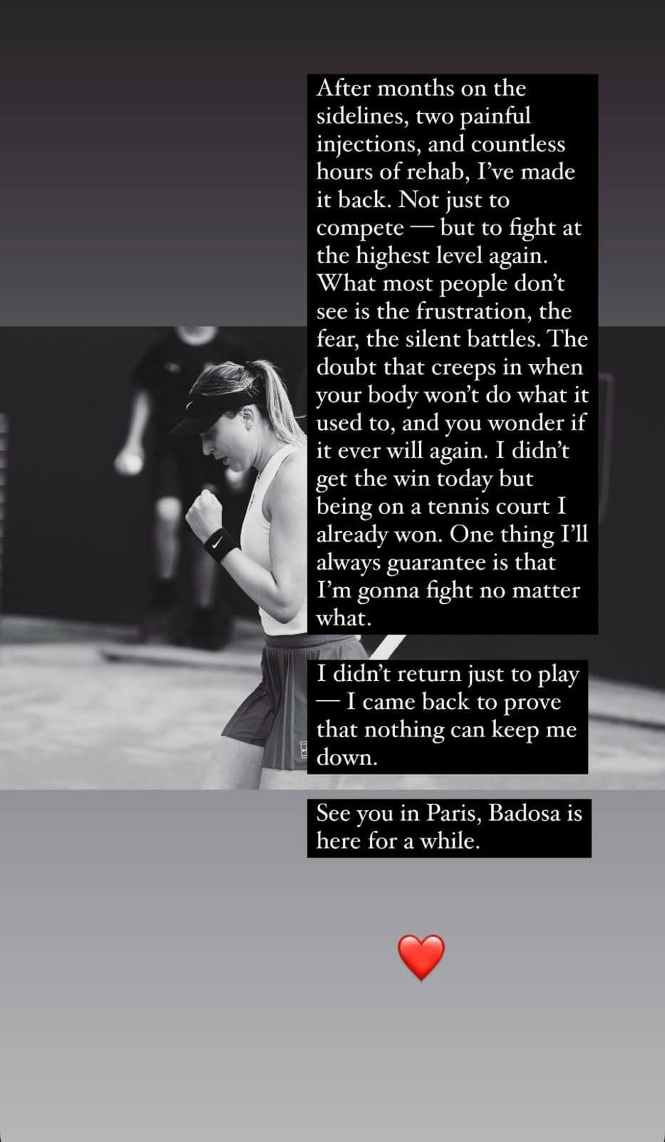  Paula Badosa y su mensaje en redes sociales (Instagram: @paulabadosa)