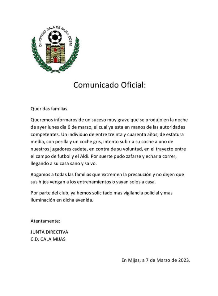  Comunicado del club tras el secuestro.