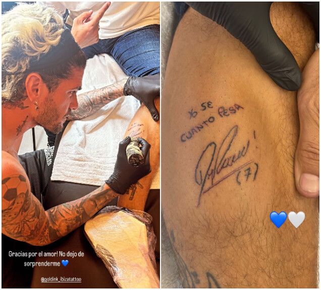 Rodrigo De Paul, tatuando, a la izquierda. A la derecha, el resultado final.