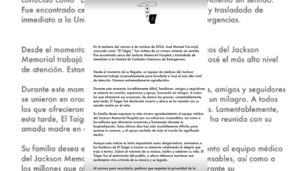  El comunicado del fallecimiento de 'El Taiger'