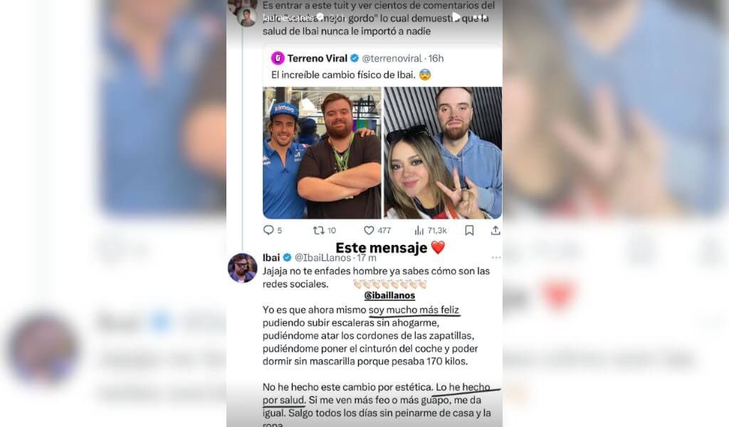  Laura Escanes comparte el mensaje de Ibai Llanos en redes (Captura de Instagram)