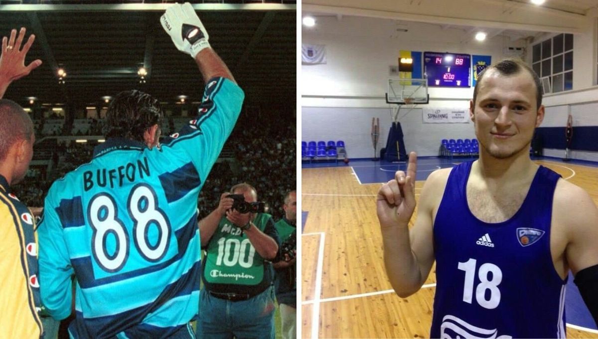  Gianluigi Buffon y Roman Zozulya, con el '88'.