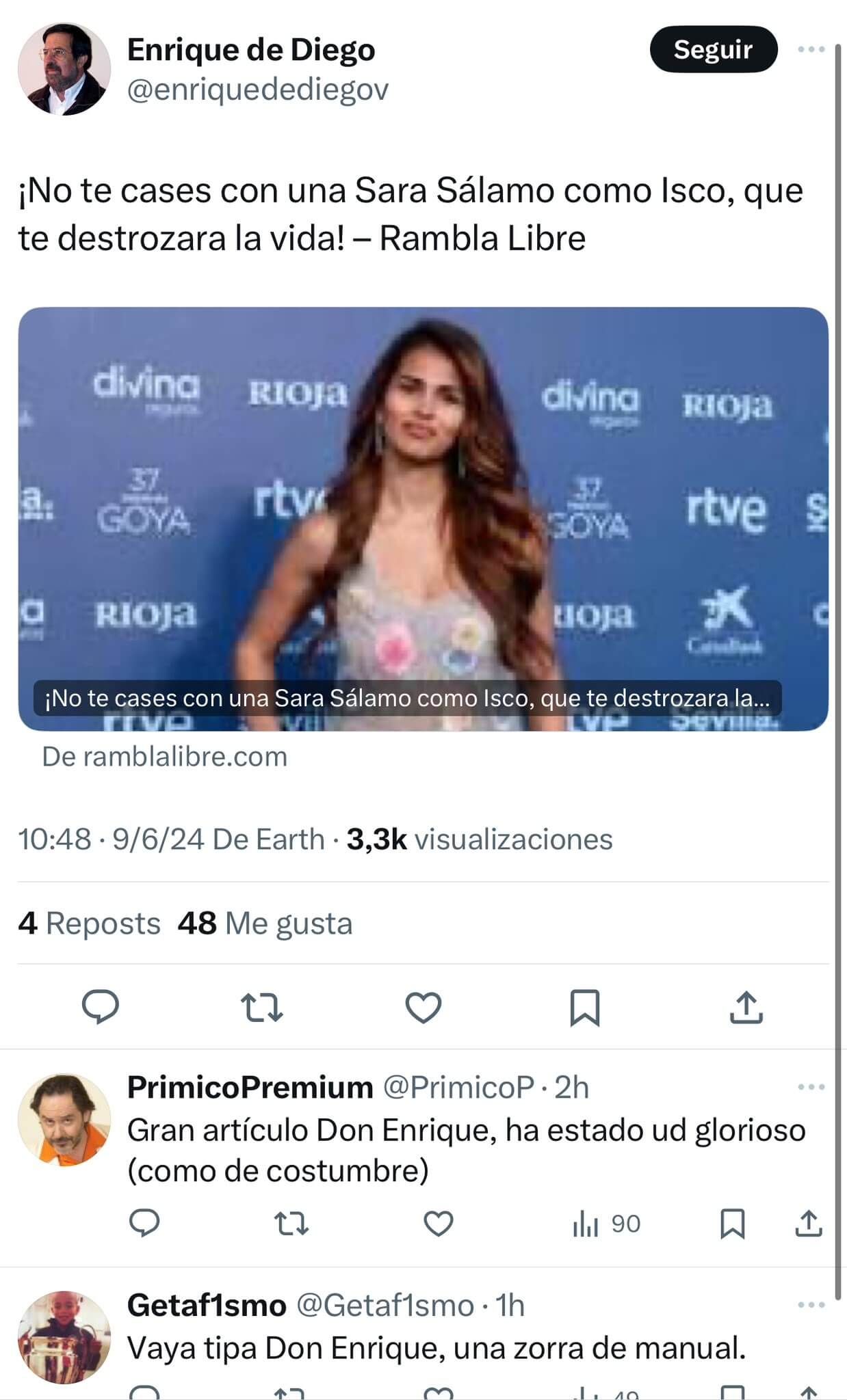  El ataque de Enrique de Diego a Sara Sálamo (Captura de X)