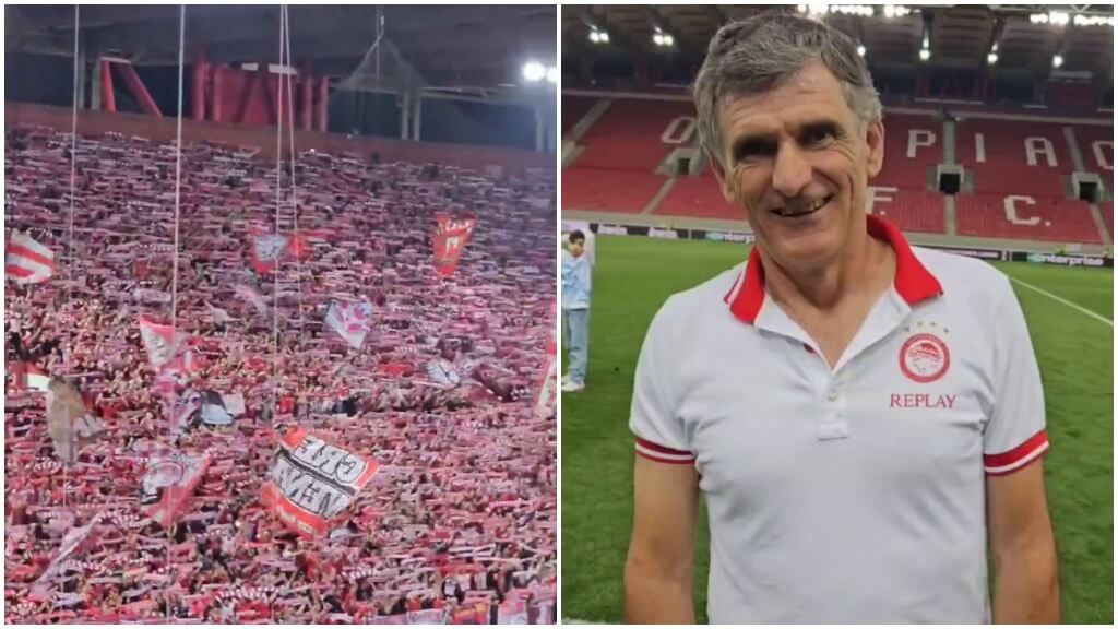 La afición de Olympiacos, rendida a Mendilibar.