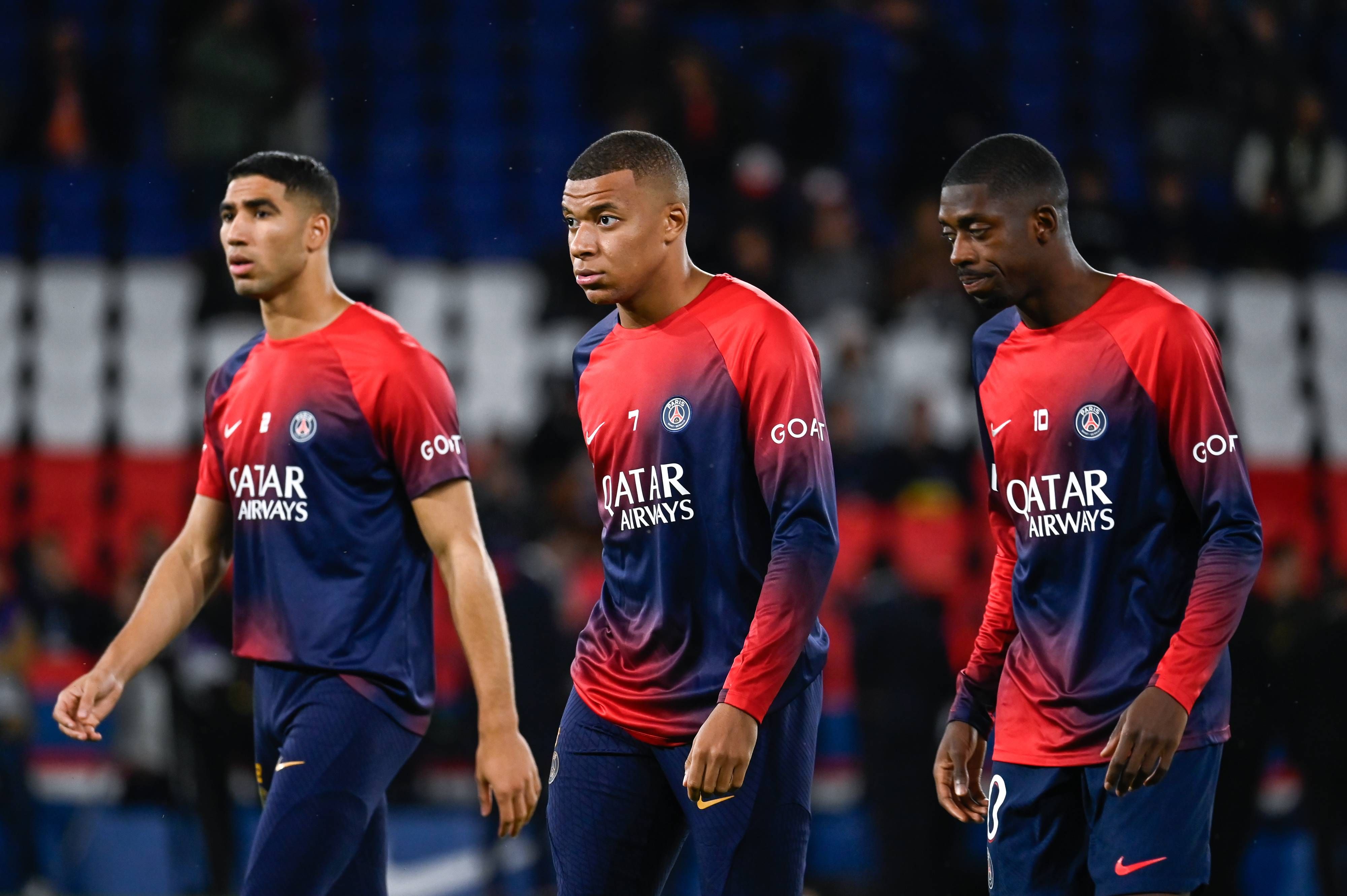  Achraf, Mbappé y Dembélé, en un calentamiento del PSG (FOTO: Cordon Press).