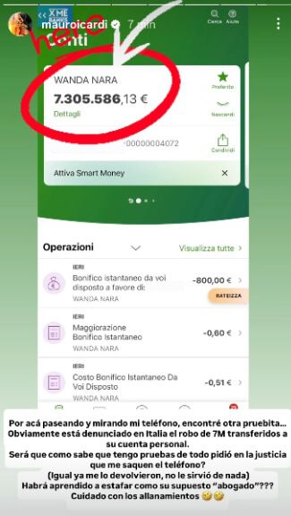 La transferencia que se ha hecho Wanda Nara de la cuenta de Icardi (Instagram: @mauroicardi)