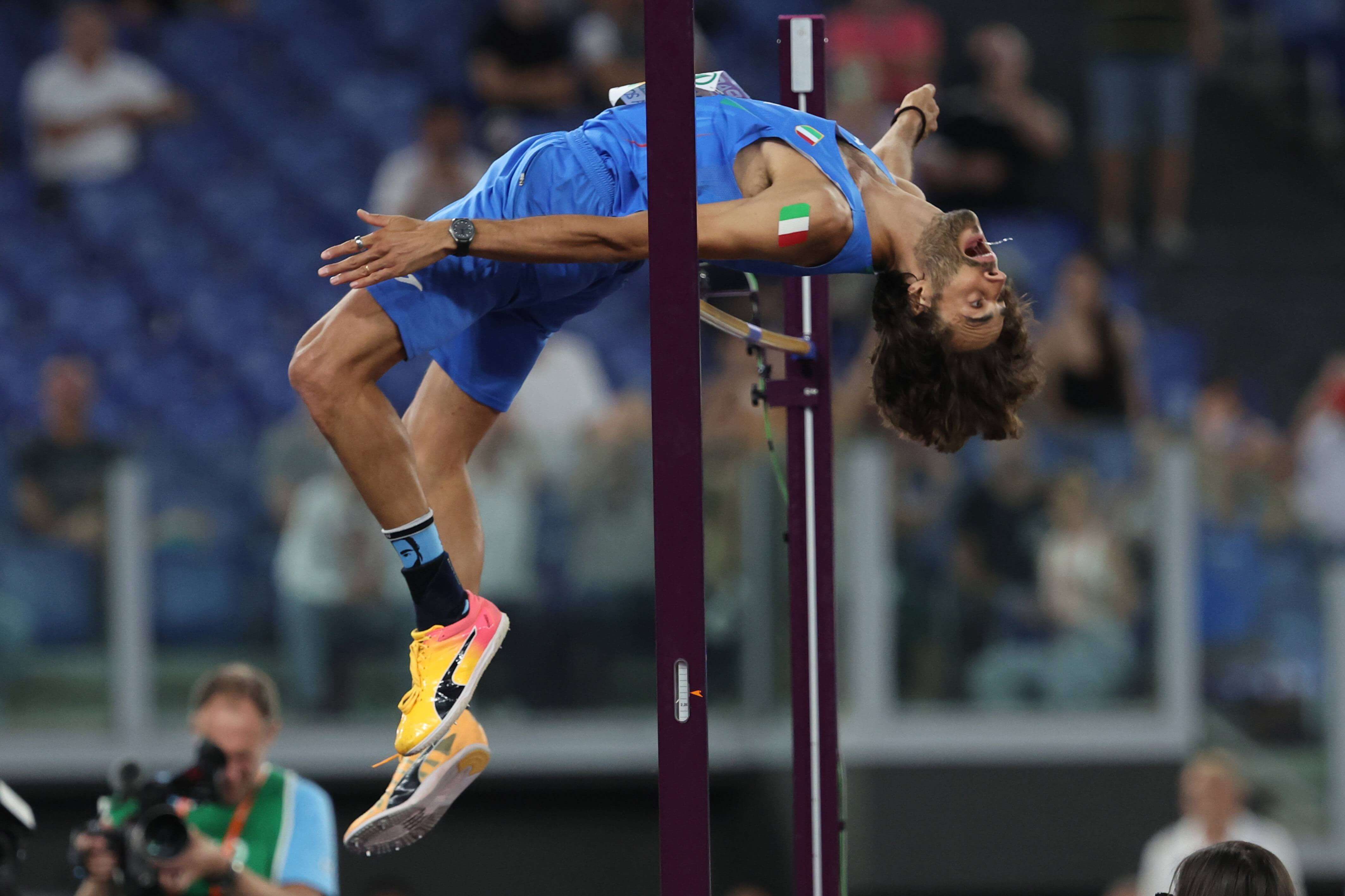 Gianmarco Tamberi durante un salto en el Europeo de Atletismo de Roma