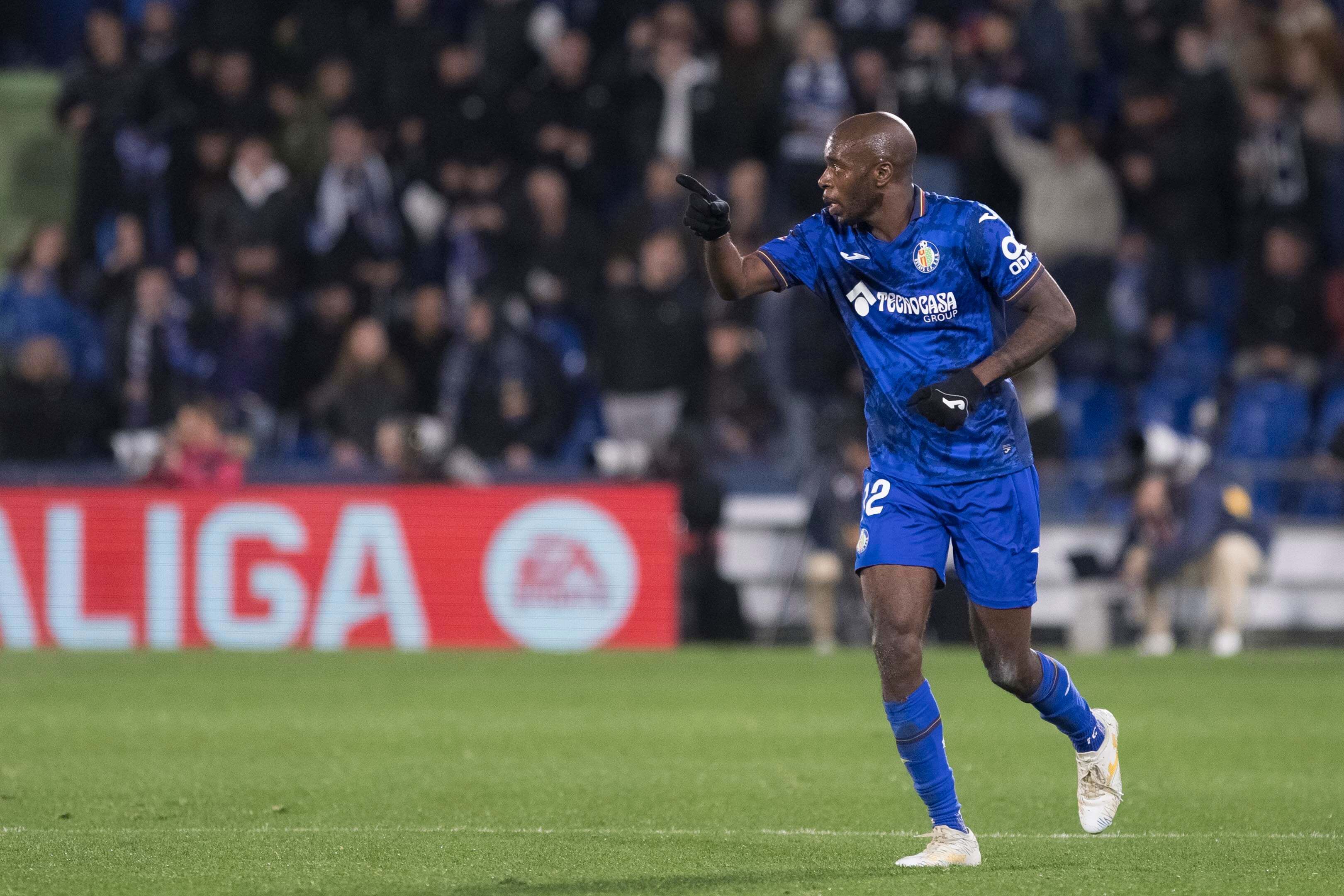 Allan Romeo Nyom celebra su gol en el Getafe-Valladolid.