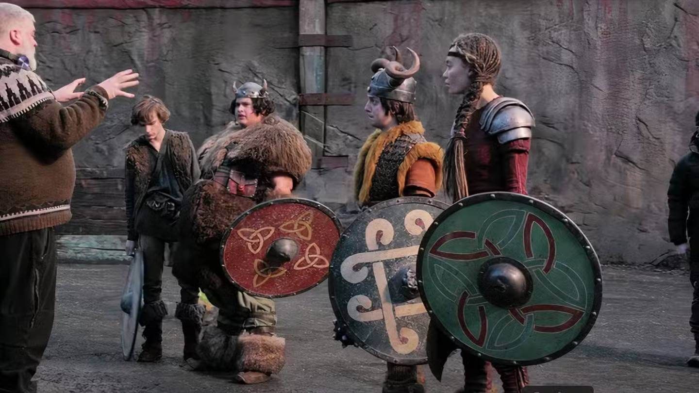  Hipo, Patapez, Patán y Astrid en el rodaje de Cómo Entrenar a tu Dragón (Imagen: Universal Pictures)