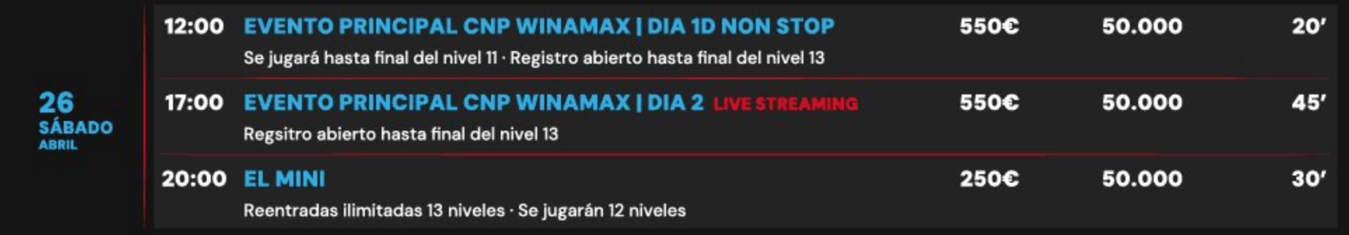 Calendario para el sábado