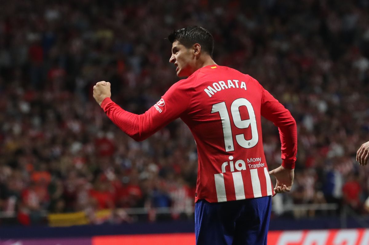 Álvaro Morata celebra su gol en el Atlético de Madrid-Real Madrid.