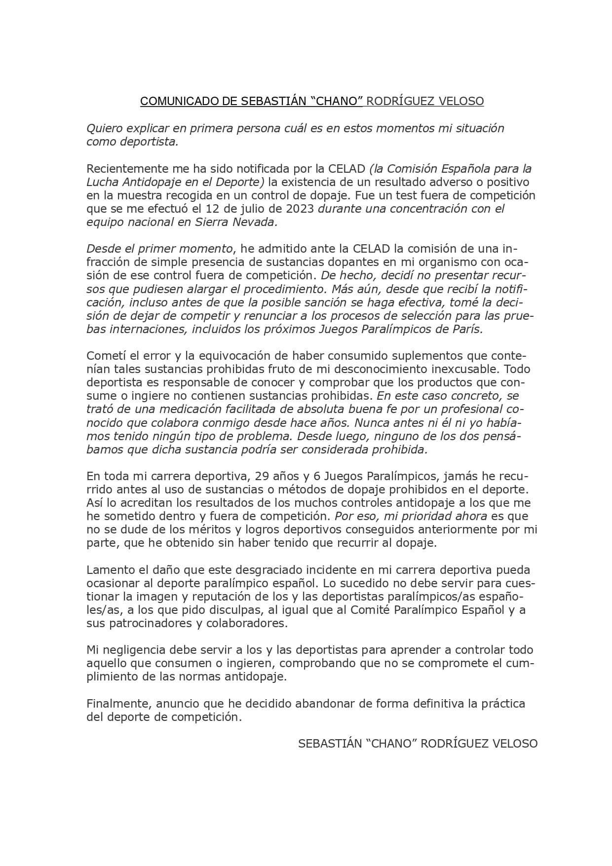  Comunicado de Chano Rodríguez tras anunciar su retirada por positivo.