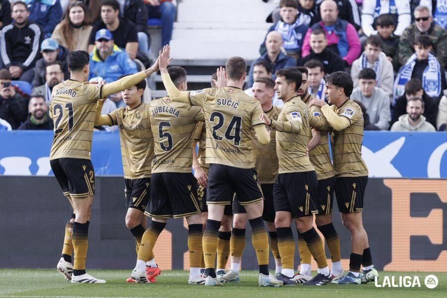 Los jugadores de la Real celebran el 0-1 en el Leganés-Real Sociedad.