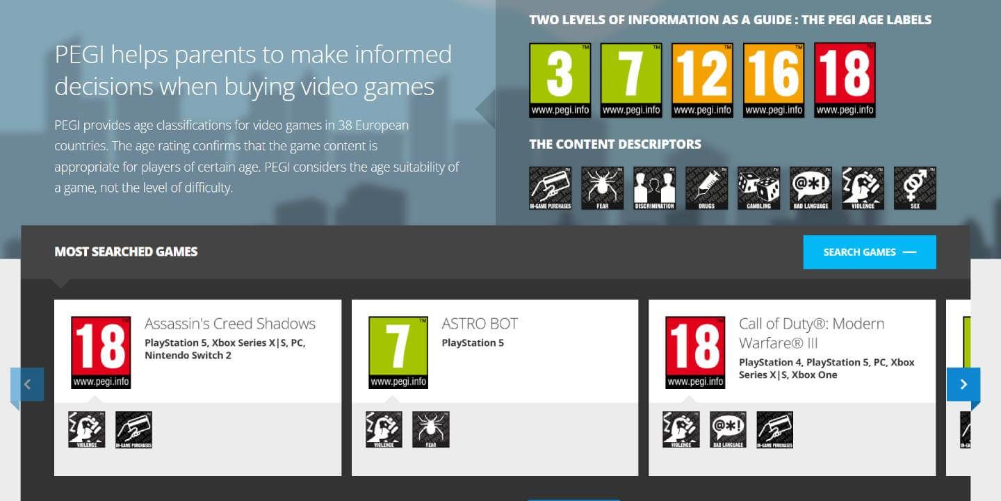 Assassin's Creed Shadows para Nintendo Switch 2 en la web de Pegi