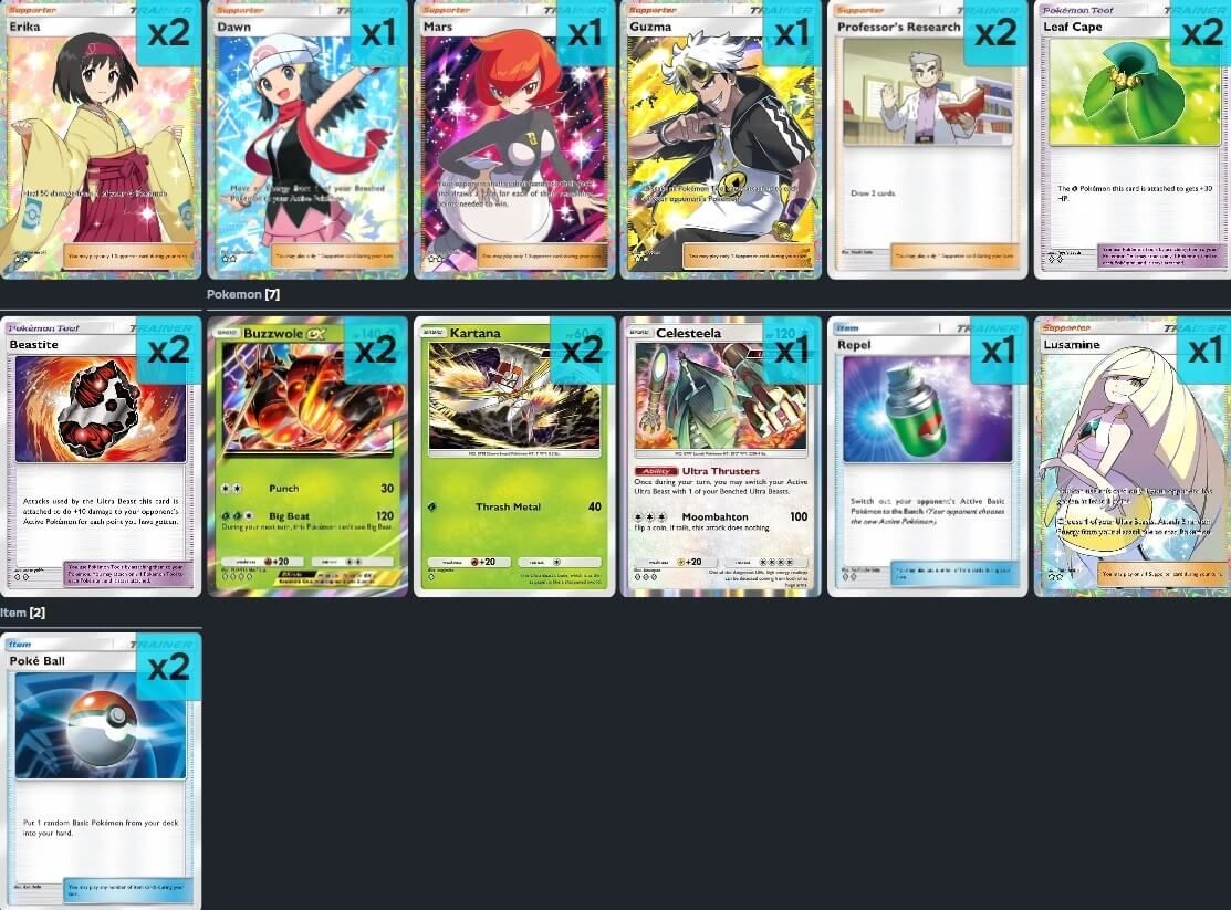 El mazo inicial de Buzzwole en la expansión de Crisis Dimensional.