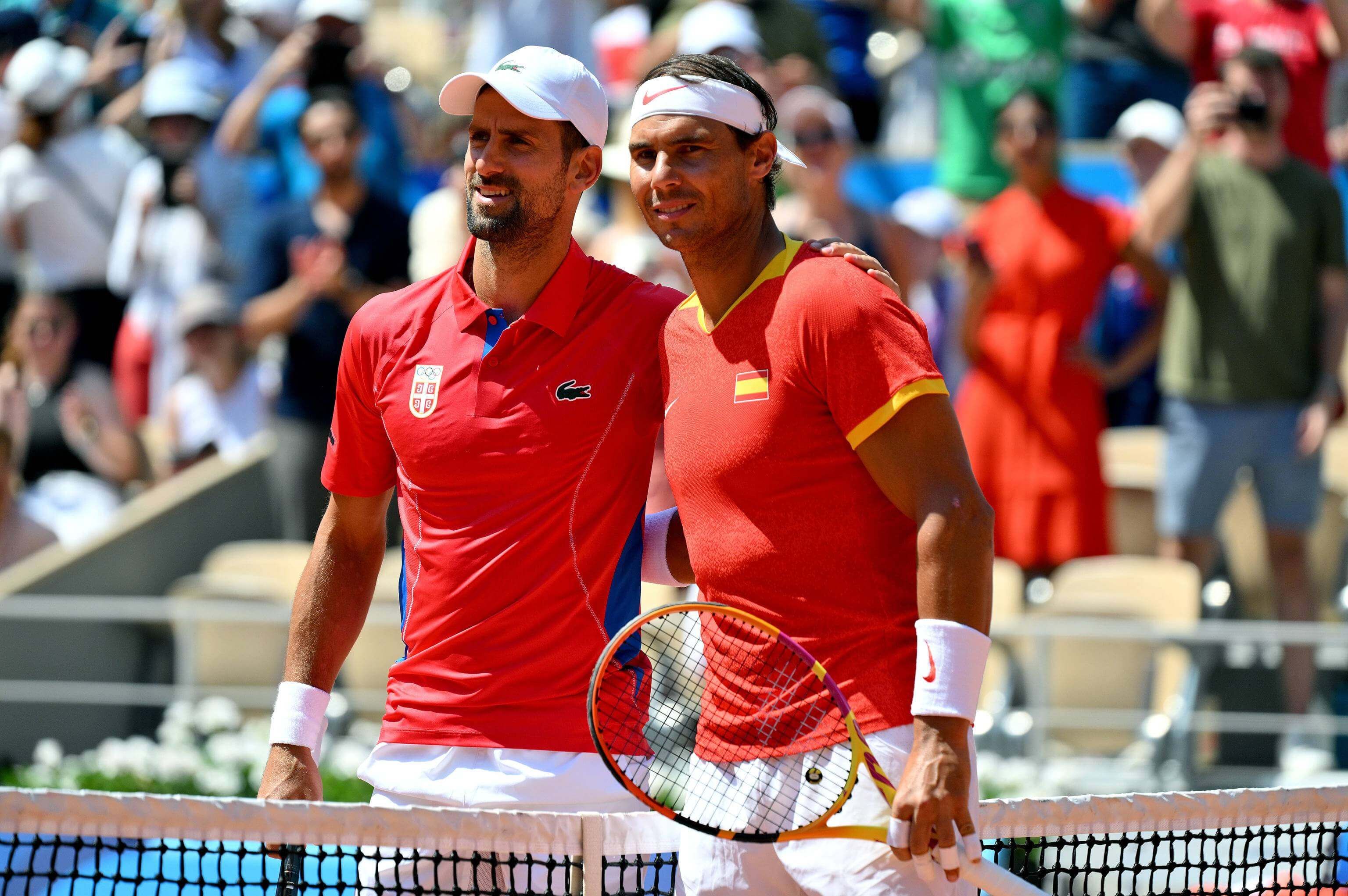 Novak Djokovic y Rafa Nadal, antes de su partido en París 2024.