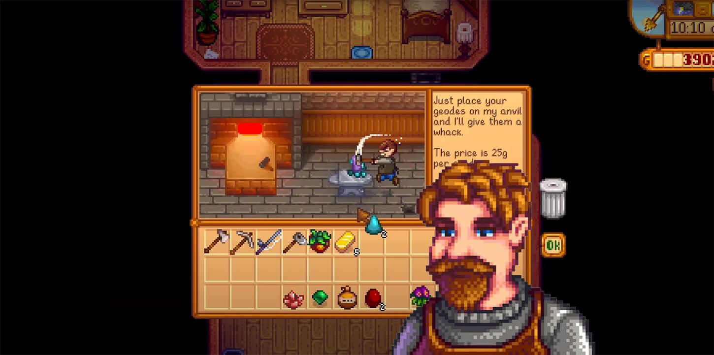 Clint abriendo una geoda en su herrería de Stardew Valley
