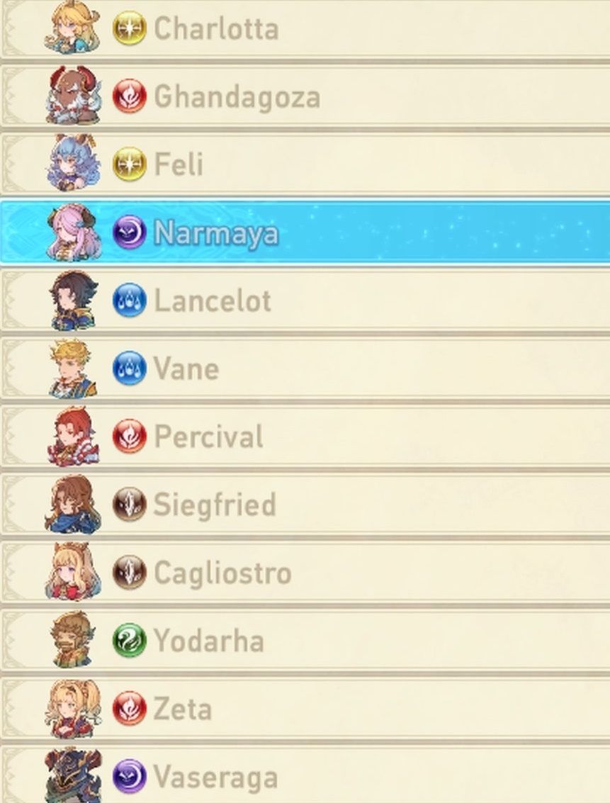 El listado de todos los personajes disponibles con las cartas de tripulante.