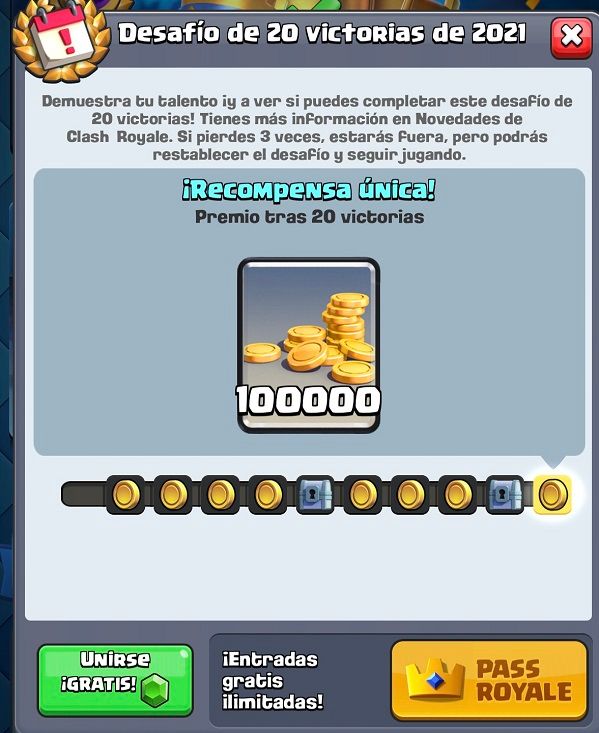 Las recompensas del Desafío de las 20 victorias de Clash Royale