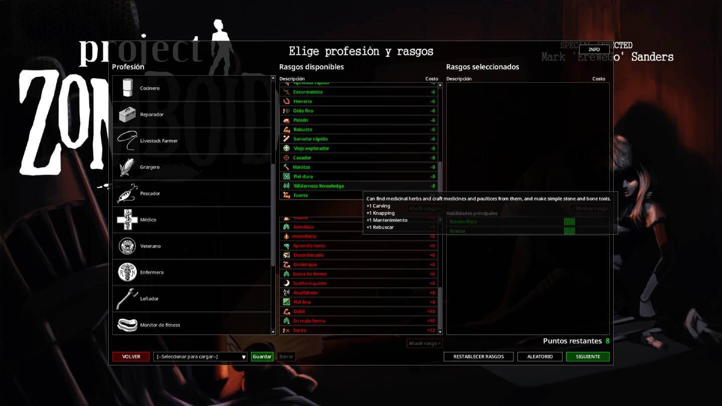  Los rasgos (traits) de la 42 UNSTABLE de Project Zomboid