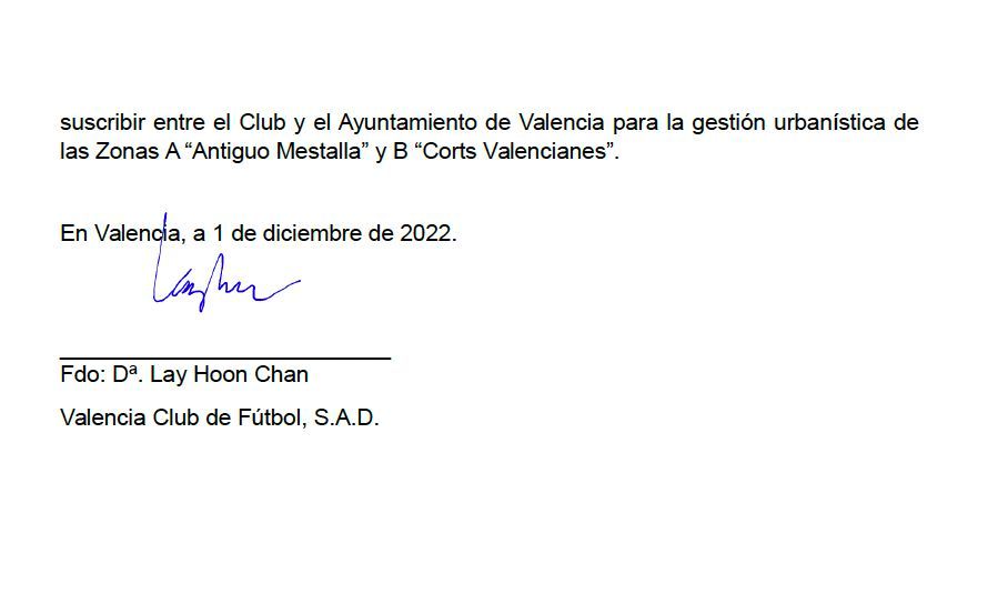  Carta del Valencia CF firmada por Layhoon por el Nou Mestalla