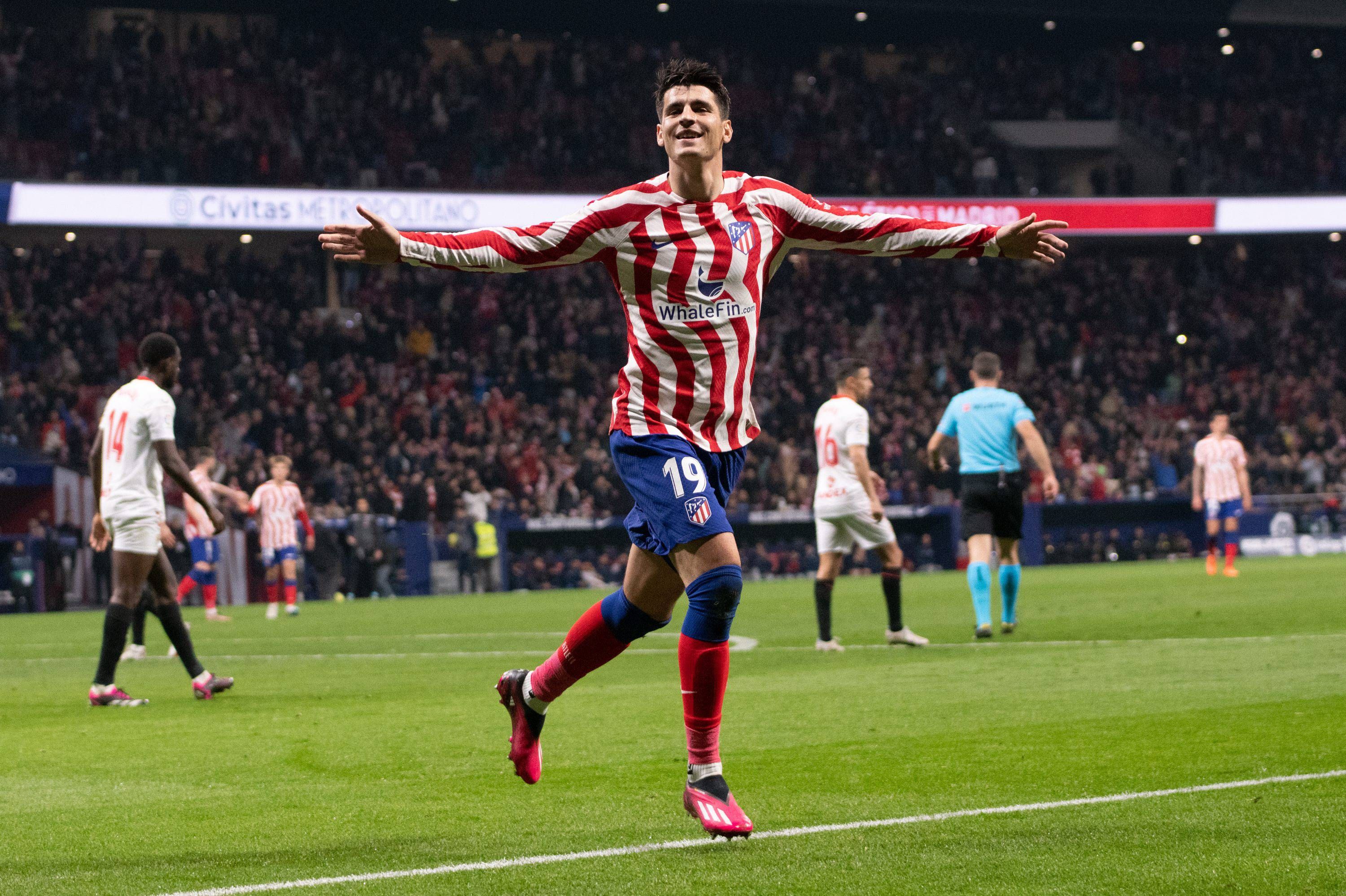  Morata celebra uno de sus goles en el Atlético-Sevilla (FOTO: Cordón Press).