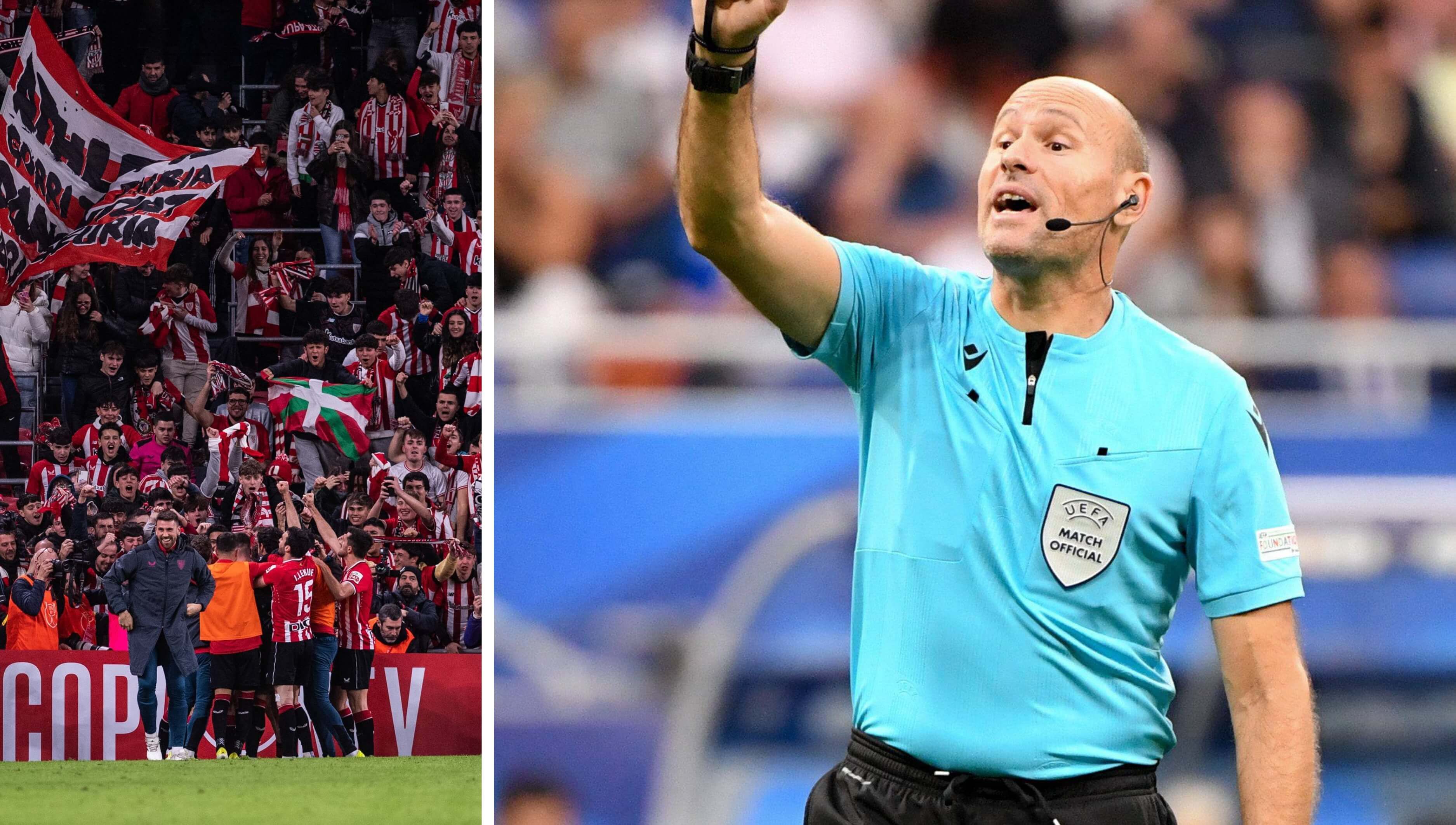 La afición del Athletic Club y Mateu Lahoz (Fotos: CordonPress).