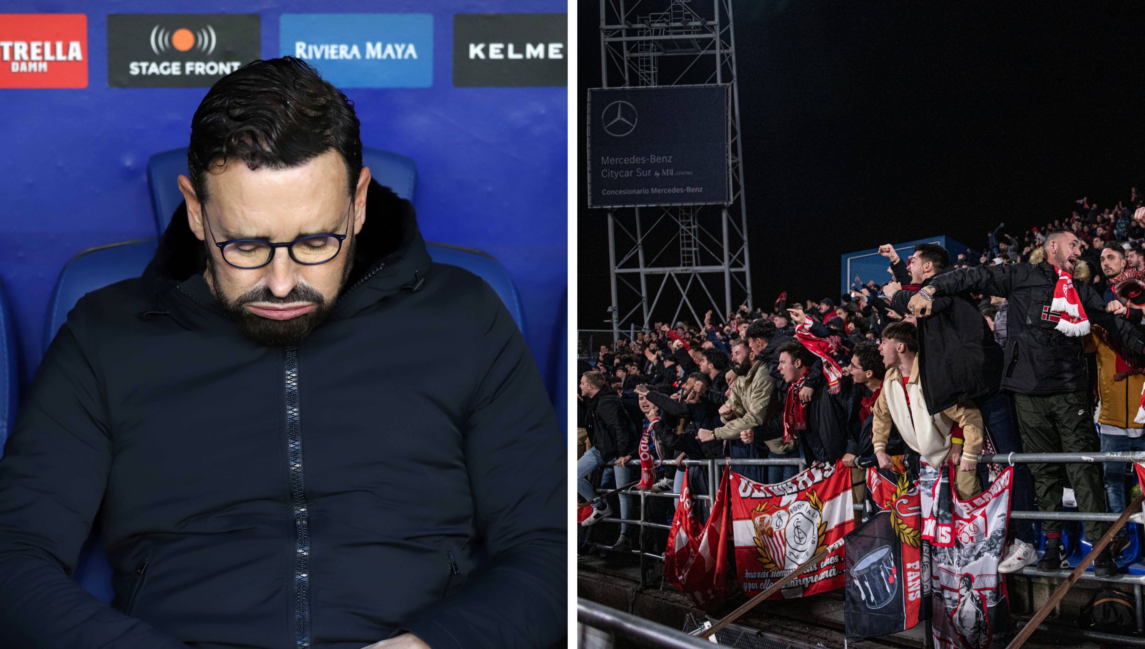 A la izquierda, Bordalás. A la derecha, la afición del Sevilla (Fotos: CordonPress).
