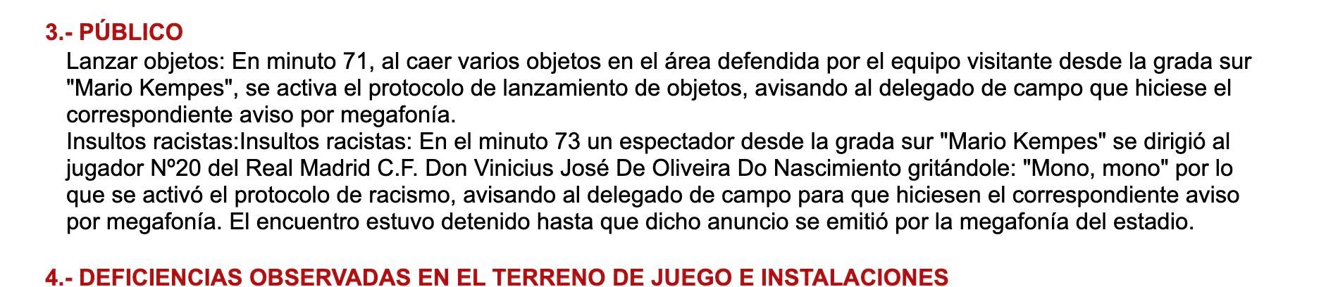 Acta del partido por el caso racista