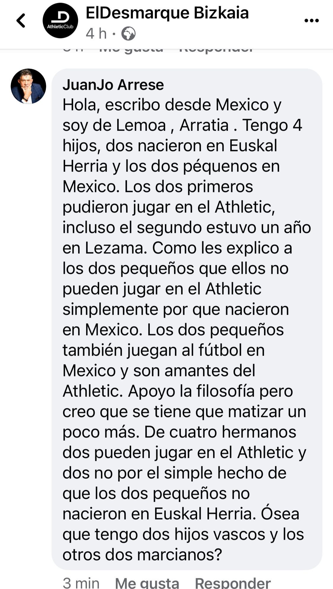  Juanjo Arrese escribió a ElDesmarque Bizkaia sobre su casuística familiar con la Filosofía del Athletic Club.