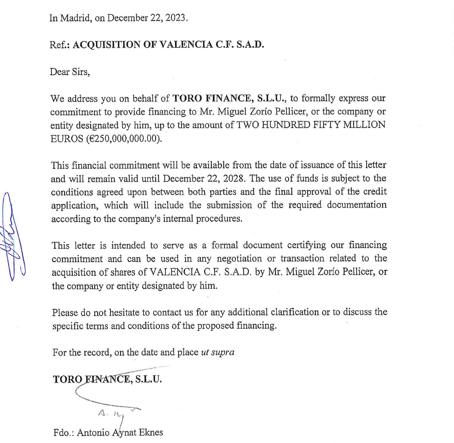 Documento que presenta Zorío para creer su oferta