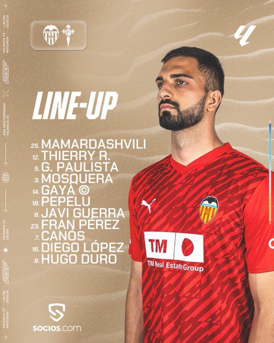 El once titular del Valencia CF ante el Celta.