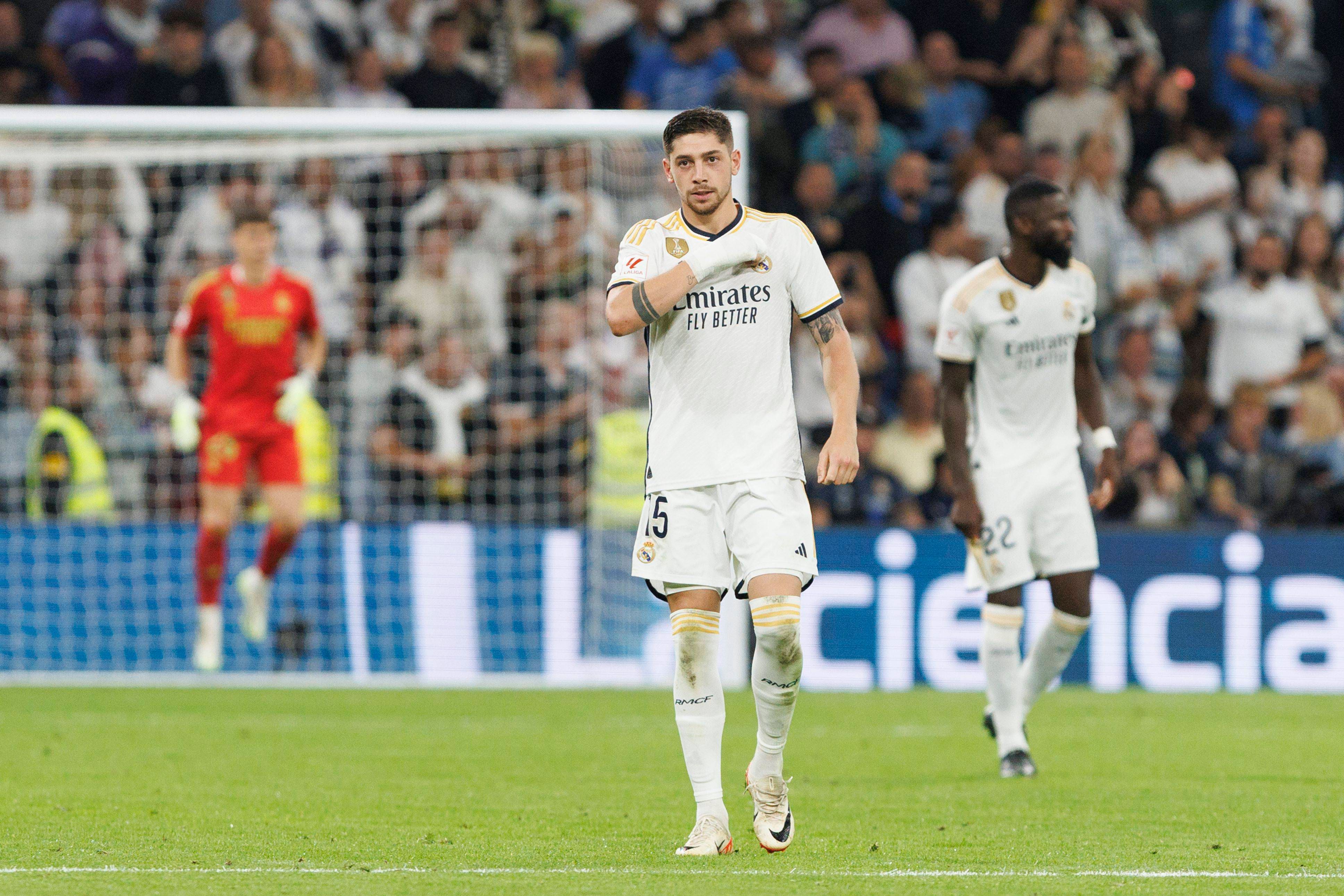 Fede Valverde celebra su gol en el Real Madrid-Real Sociedad.