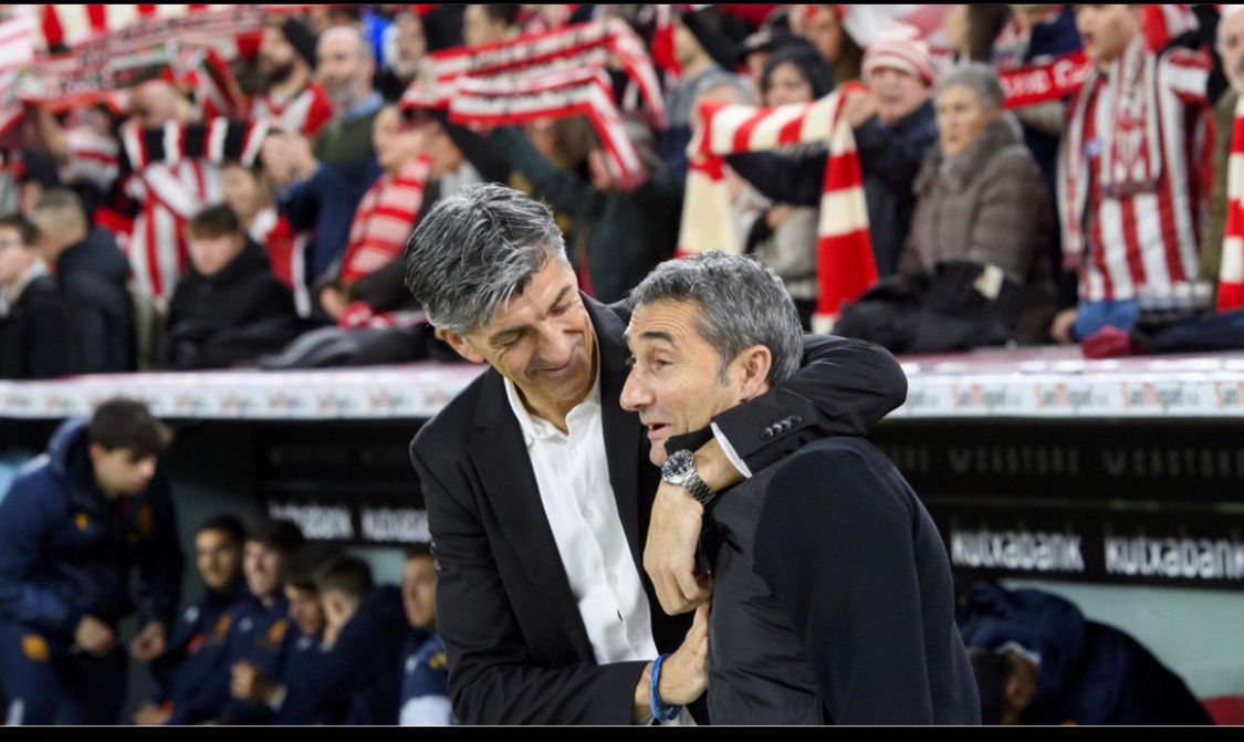 Imanol y Valverde, antes del derbi Athletic-Real en San Mamés.