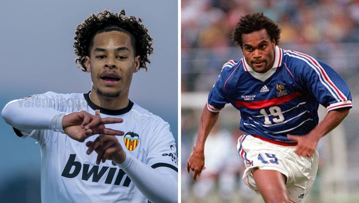  Koba celebra un gol con el Valencia y Karembeu disputa un partido con Francia.