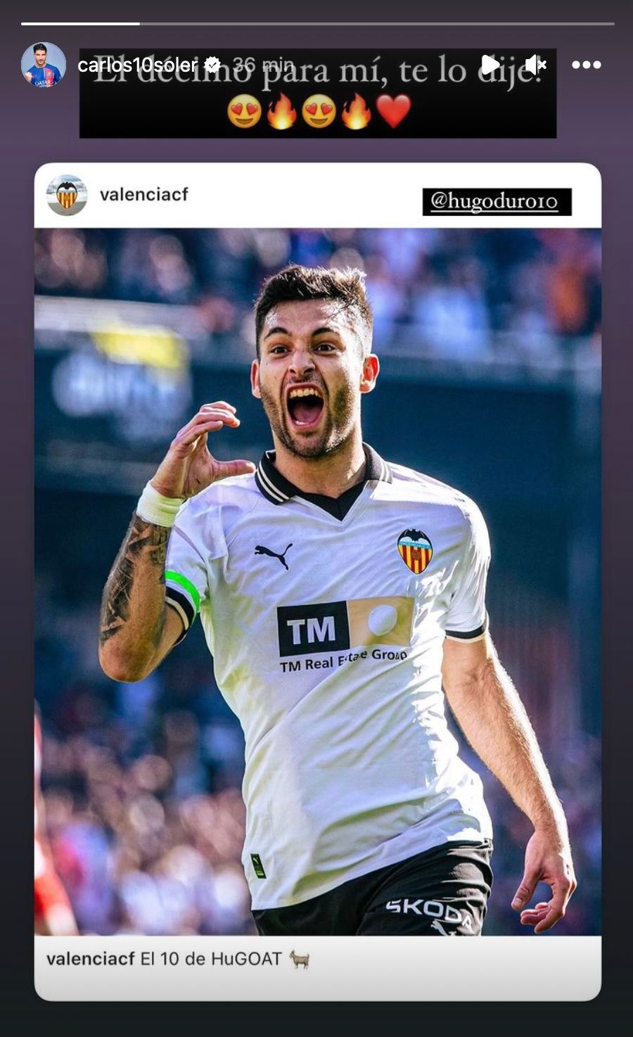  La historia de Carlos Soler por la dedicatoria de Hugo Duro.