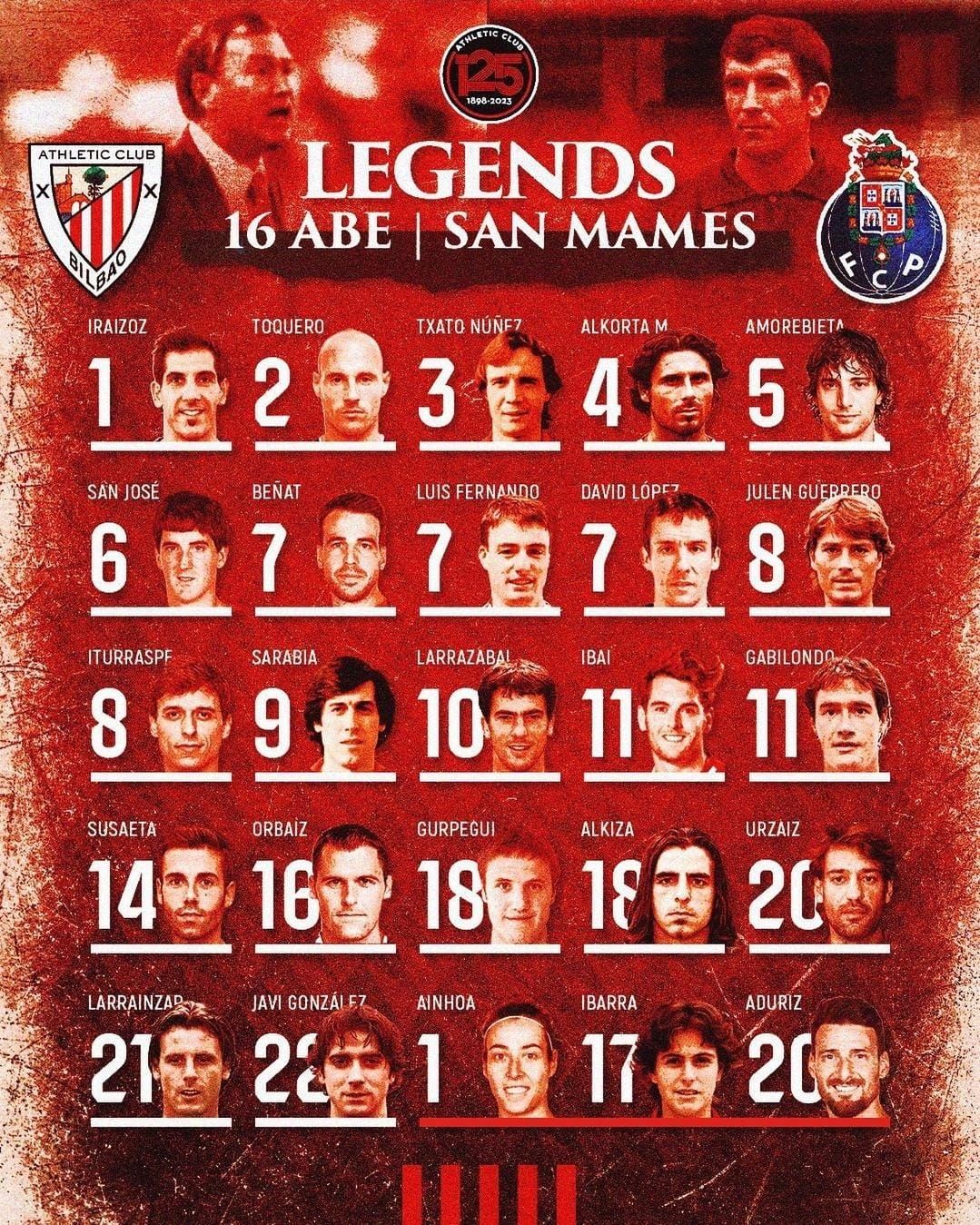  La lista de convocados del Athletic Club Legends ante el Oporto Vintage para este sábado en San Mamés.